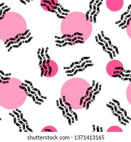 Seamless trendy abstract Memphis pattern. Black and white textures, pastel pink circles, simple design. Vector illustration. Applicable for backgrounds, wrapping paper, textile concepts.