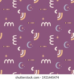 Seamless trendy abstract pattern with elements of nature, geometric and free shapes. Spring mood. Suitable for fabrics, bedding, wallpaper, decor