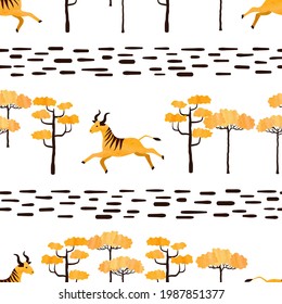 Seamless trendy African pattern with antelopes and trees. Vector watercolor illustration of savanna with wildebeests