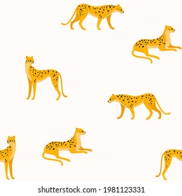 Seamless Trendy Animal Pattern With Cheetah. Outline Vector Illustration For Prints, Clothing, Packaging And Postcards.