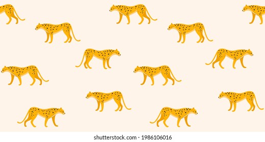 Seamless trendy animal pattern with cheetah. Outline vector illustration for prints, clothing, packaging and postcards.