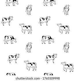 Seamless trendy animal pattern with cow. Contour vector print in cartoon style.