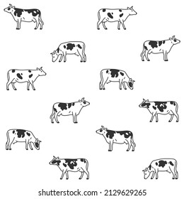 Seamless trendy animal pattern with cow. Contour vector print in cartoon style.