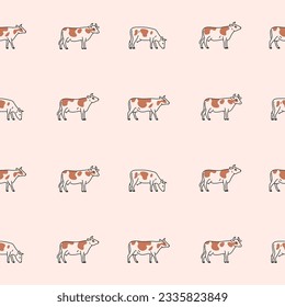 Seamless trendy animal pattern with cow. Contour vector print in cartoon style.