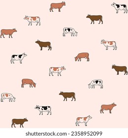 Seamless trendy animal pattern with cow. Contour vector print in cartoon style.