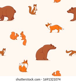 Seamless trendy animal pattern with fox, bear, squirrel and marten. Cartoon vector illustration.