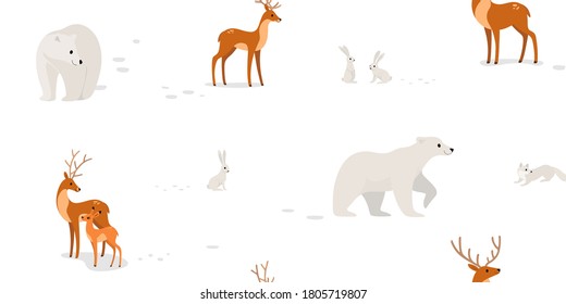 Seamless trendy animal pattern with hare, bear, deer and fawn. Cartoon vector illustration.