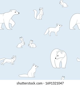 Seamless trendy animal pattern with  polar fox, bear, hare and sable. Cartoon vector illustration.