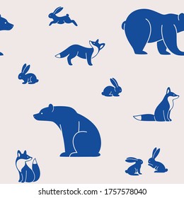 Seamless trendy animal pattern with silhouette of hare, fox, bear. Cartoon vector illustration.