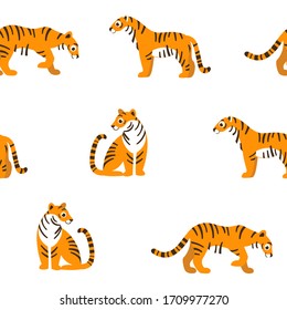 Seamless trendy animal pattern with tiger. Flat design print in cartoon style.