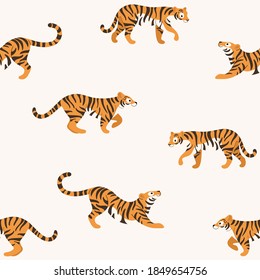 Seamless trendy animal pattern with tiger. Flat design print in cartoon style.