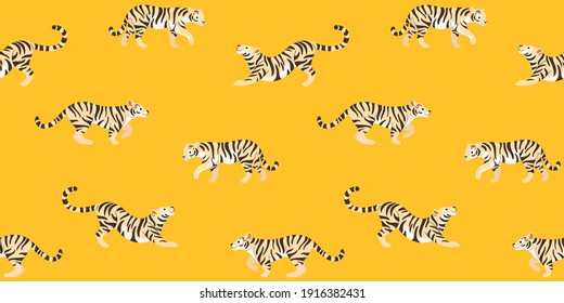 Seamless trendy animal pattern with tiger. Flat design print in cartoon style.