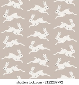Seamless trendy animal pattern with white hare. Contour design print.