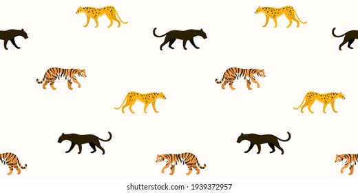 Seamless trendy animal pattern with wild cat. Flat design print in cartoon style with panther, tiger, cheetah.