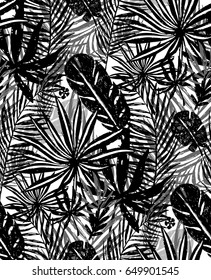 Seamless trendy black pattern with exotic palm leaves on a white background. Vector botanical illustration