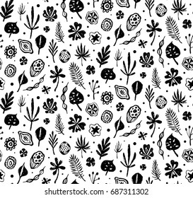 Seamless trendy black pattern with Seeds and leaves on a white background. Vector botanical illustration