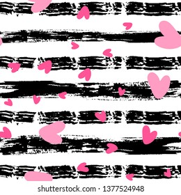 Seamless trendy black and white abstract striped pattern with pink hearts. Dye brush or charcoal or chalk texture. Vector illustration. Applicable for backgrounds, wrapping paper, textile concepts.