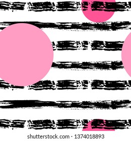 Seamless trendy black and white and pink abstract striped pattern. Dye brush or charcoal or chalk texture. Vector illustration. Applicable for backgrounds, wrapping paper, textile concepts.