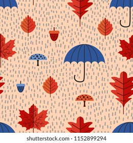 Seamless Trendy creative hand drawn autumn leaves with umbrella for season change pattern background. Vector illustration with kids childish drawing style