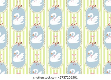 Seamless Trendy cute Swan pattern with pastel stripes and decorative frames. Soft nursery illustration for baby textile, fabric, wallpaper, wrapping paper and children surface design.