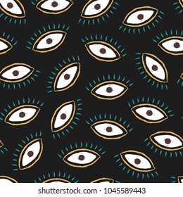 Seamless trendy eyes pattern over black background. Vector illustration
