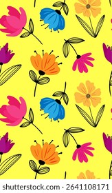 seamless trendy floral pattern abstract modern flowers yellow background - colorful minimalist vector design hand drawn petals linear leaves web design