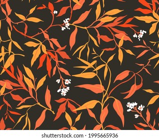 Seamless trendy floral pattern. Beautiful orange leaves on black background. Bright leaves in tropical style. Stock vector for prints on surface.
