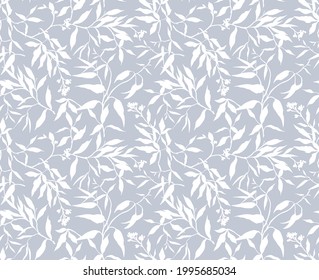 Seamless trendy floral pattern. Beautiful white leaves on gray background. Leaves outline in tropical style. Stock vector for prints on surface.