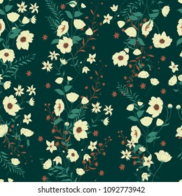 Seamless trendy floral pattern with wild flowers, palnts, leaves. Vector.
