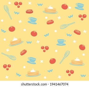 Seamless trendy food pattern with colored vector food icons on a yellow background for the corporate identity of the cafe, for the menu, for the tablecloth, napkins, for the notebook, for the store.