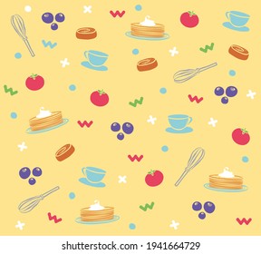 Seamless trendy food pattern with colored vector food elements on a yellow background for the corporate identity of the cafe, for the menu, for the tablecloth and napkins, for the notebook.