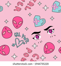 Seamless trendy girlish cute pattern in pastel pink colors. Girl Power theme.