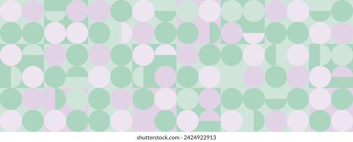 Seamless trendy green and lavender background with circles and squares for textiles or covers. Mosaic with purple and pistachio geometric shapes texture, template for web intro.