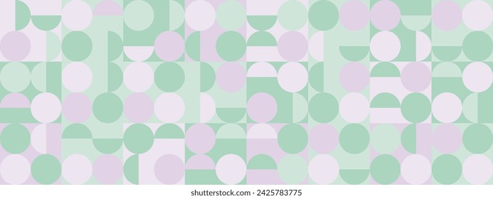 Seamless trendy green and lavender background with circles and squares for textiles or covers. Mosaic with purple and pistachio geometric shapes texture, template for web intro.