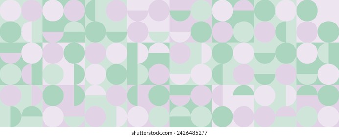 Seamless trendy green and lavender background with circles and squares for textiles or covers. Mosaic with purple and pistachio geometric shapes texture, template for web intro.