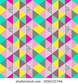 Seamless trendy Memphis triangle geometric colorful background.