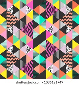 Seamless trendy Memphis triangle geometric colorful background.