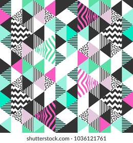 Seamless trendy Memphis triangle geometric colorful background.