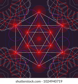 Seamless Trendy Metatrons Cube - Flower of Life. Vector Illustration. Colorful abstract ancient sacred religion symbol.