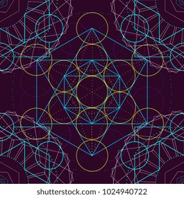 Seamless Trendy Metatrons Cube - Flower of Life. Vector Illustration. Colorful abstract ancient sacred religion symbol.