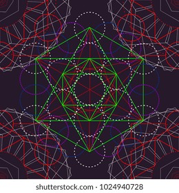 Seamless Trendy Metatrons Cube - Flower of Life. Vector Illustration. Colorful abstract ancient sacred religion symbol.