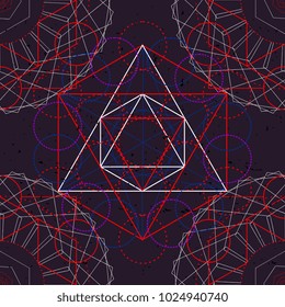 Seamless Trendy Metatrons Cube - Flower of Life. Vector Illustration. Colorful abstract ancient sacred religion symbol.