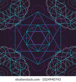 Seamless Trendy Metatrons Cube - Flower of Life. Vector Illustration. Colorful abstract ancient sacred religion symbol.