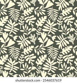 Seamless trendy monochrome pattern with abstract tropical leaves and flowers, flat style illustration