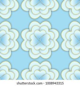 Seamless trendy nature background. Floral pattern with stylized summer 3d flowers with heart shape petals. Floral stylish modern wallpaper. Paper art design, golden lines. Vector illustration