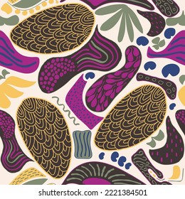 Seamless trendy nature pattern. Abstract  shapes and elements, leaves, plants, palm, summer, white background, hand drawn, minimalist,  packaging, wallpaper, design for textiles, vector