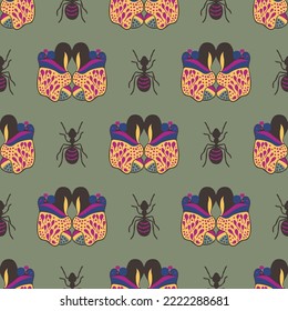 Seamless trendy nature pattern. Abstract  shapes and elements, insects,  green background, hand drawn, minimalist,  packaging, wallpaper, design for textiles, vector