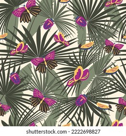 Seamless trendy nature pattern. Abstract insects, butterflies, leaves, plants, palm, summer, white background, hand drawn, minimalist,  packaging, wallpaper, design for textiles, vector