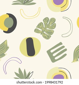 Seamless trendy nature pattern, gardening. Abstract flowers, leaves, shapes, drawing on a white background, abstract, hand drawn, packaging, wallpaper, design for textiles, vector illustration.