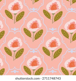 Patrón de moda sin fisuras con flores abstractas en tonos pastel sobre un fondo rosa. Ilustración vectorial plana.